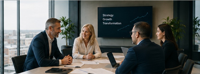 Consultants discussing strategy around a boardroom table